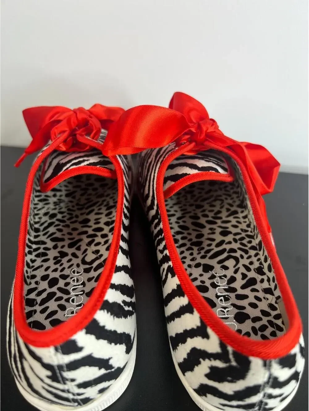 J Renee Zebra Print Sneakers 9Wide Rhinestone Toe Red Ribbon Lace Fashion Shoes - Picture 14 of 15
